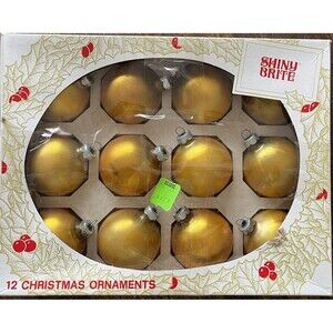 Vintage 12 SHINY BRITE Gold Christmas Ornaments Satin Finish Original Box